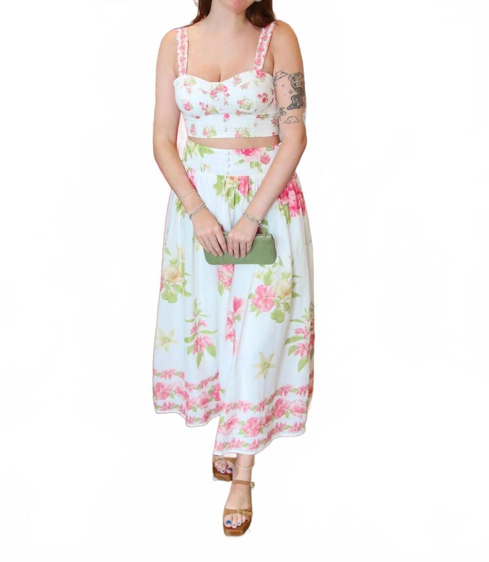 NEW PEACH LOVE pintucked waist floral border print skirt in white multi